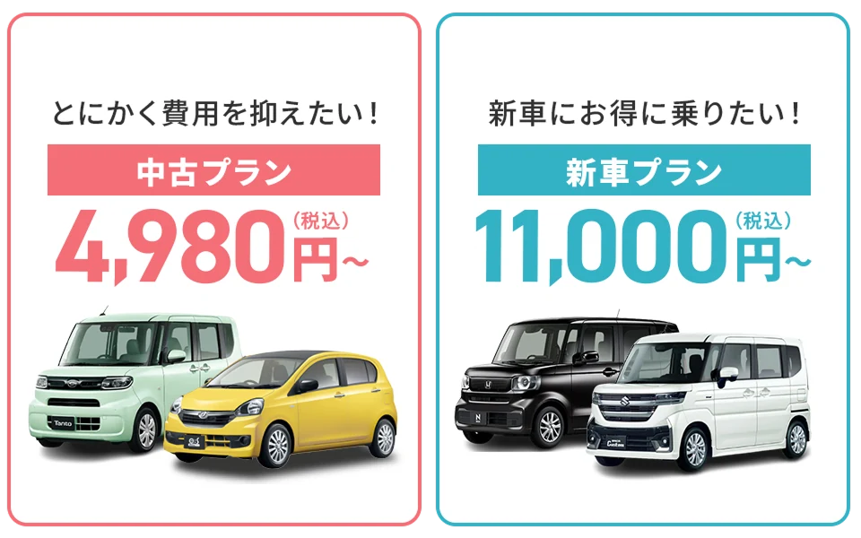 中古車プラン月々4,980円から、新車プラン月々11,000円から